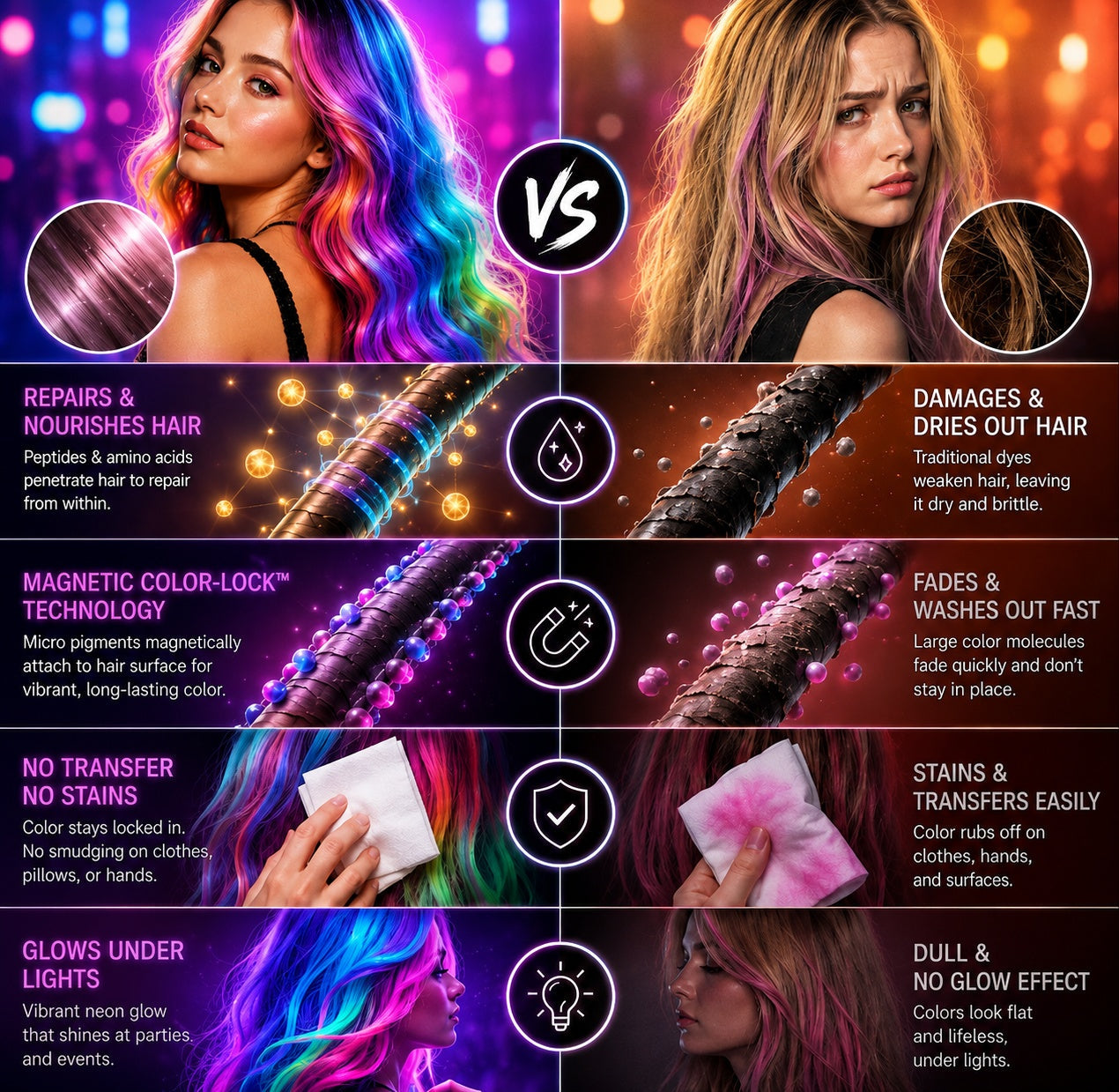 🔥Save 50% Today丨GarageLine® 3-in-1 Luminous Temporary Hair Chalk — Instant Color, Hair Repair & Party-Light Glow🌌